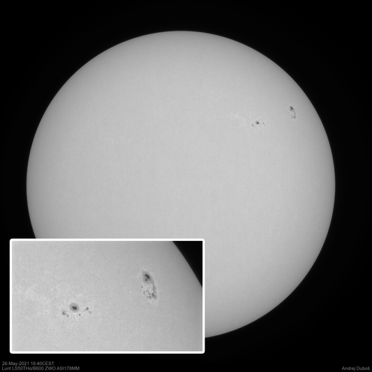 Sun in continuum with H-alpha telescope, AR2824 and AR2826