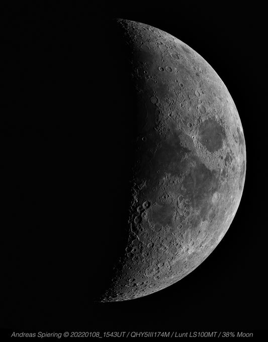 38% Moon with QHY5III174M and Lunt LS100MT