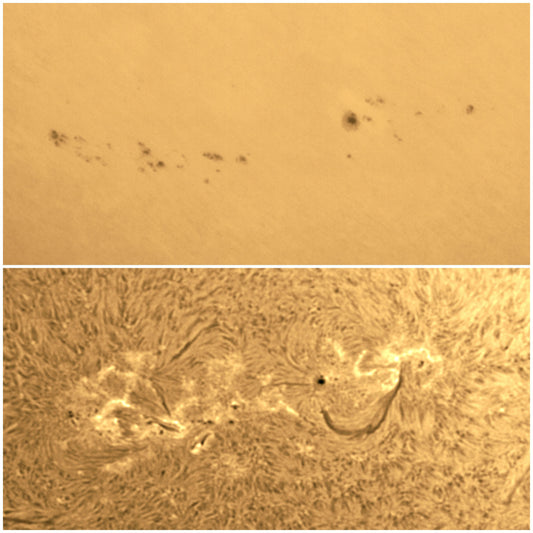 AR 3105 + 3107 white light vs h-alpha