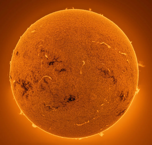 Full disk of the Sun in hydrogen-alpha showing active regions filaments and prominences - Paul Margolies 