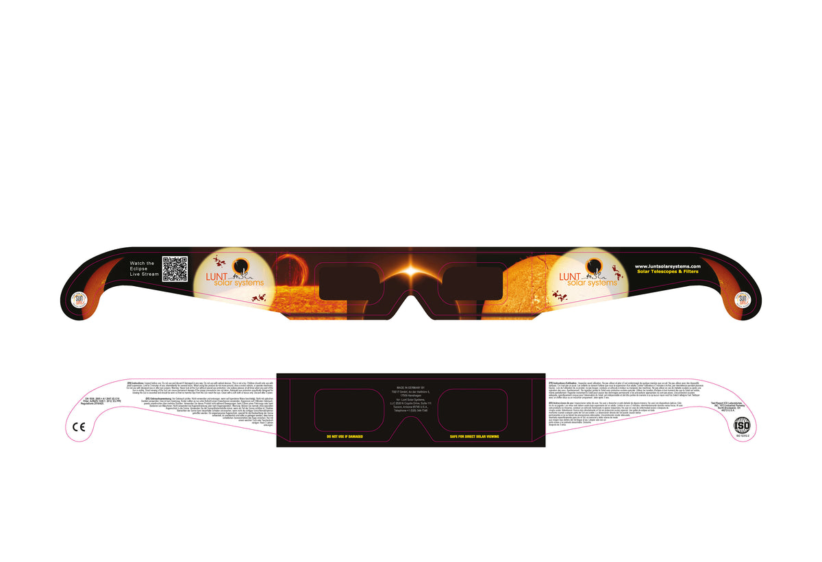 Front and inside of Lunt adult eclipse glasses with the printed safety instructions