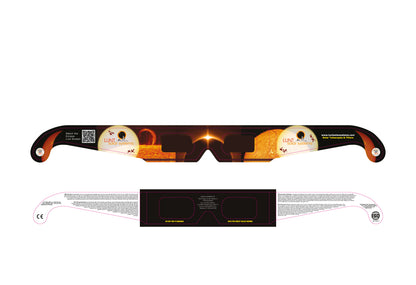 Front and inside of Lunt adult eclipse glasses with the printed safety instructions