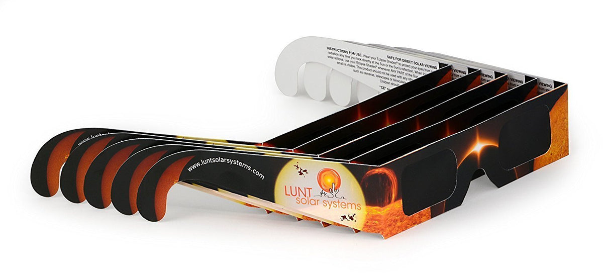 A stack of Lunt adult eclipse glasses