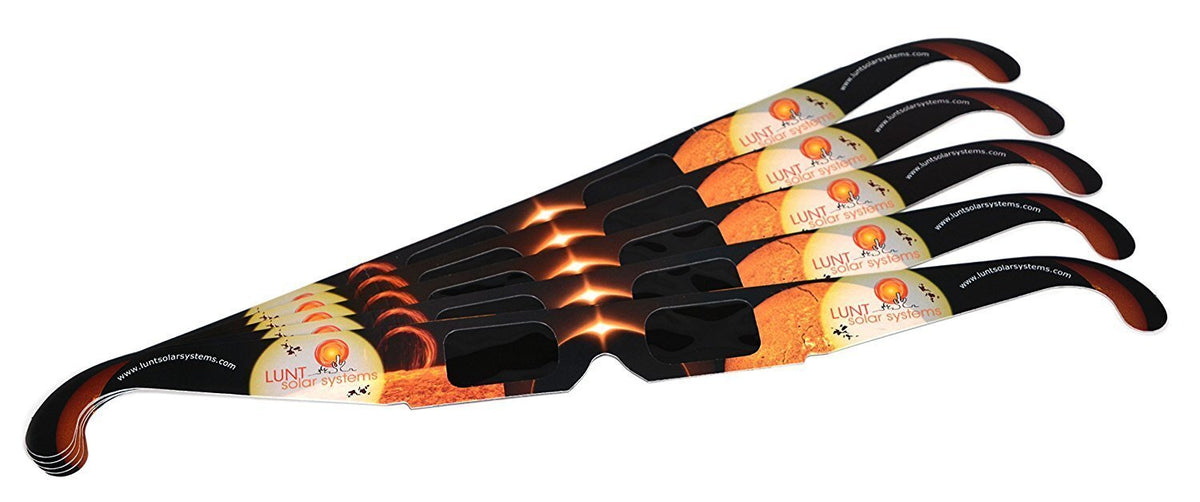 Pairs of Lunt adult eclipse glasses fanned out