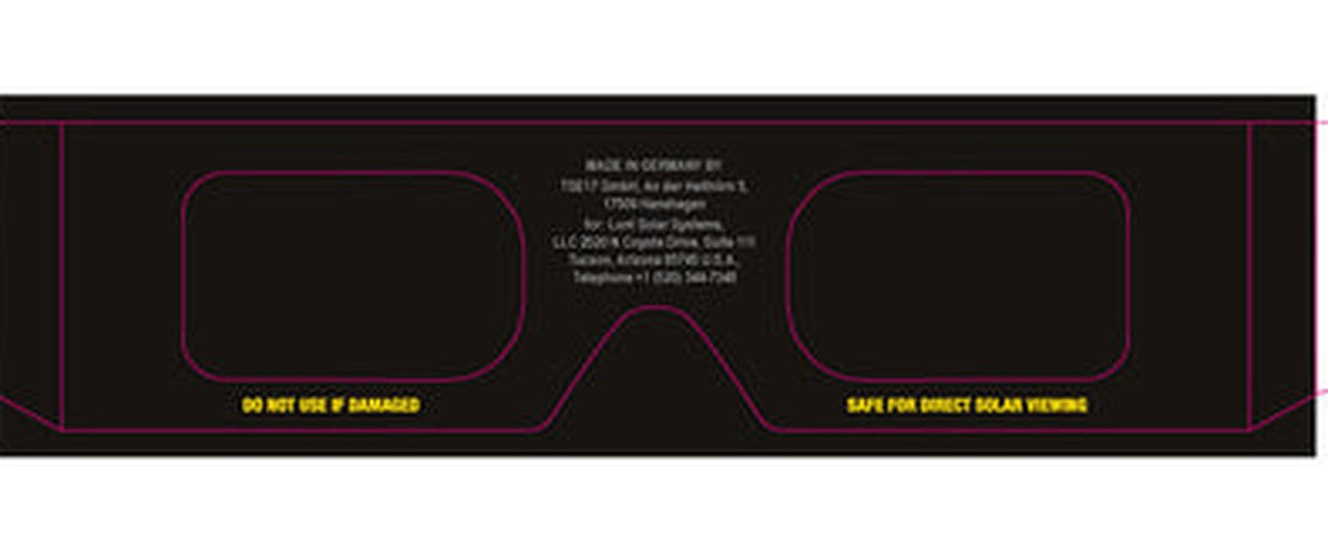 ISO 12312-2 certification and "Safe for direct solar viewing" printed on the inside of a pair of Lunt eclipse glasses